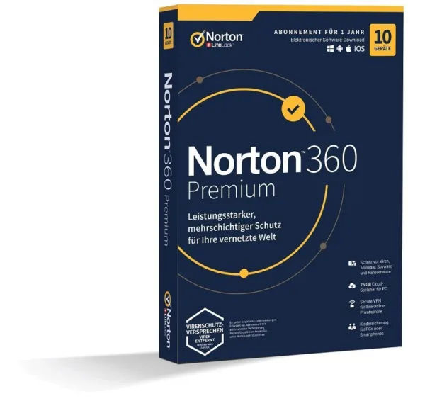 Norton 360 Premium: 10 Geräte/1 Jahr, VPN, Backup, SafeCam - Sicherheit & Datenschutz