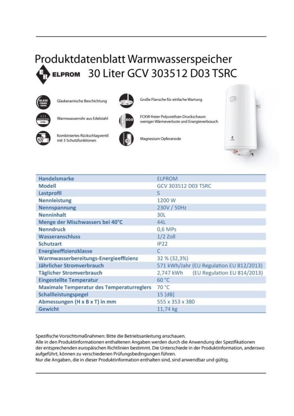 Druckfester Warmwasserspeicher 30L Boiler Warmwasserbereiter Elprom - Image 4
