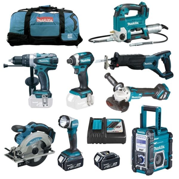 MAKITA 12tlg. 18V Akku Werkzeug Set mit DGP180Z Fettpresse und DMR112 Radio