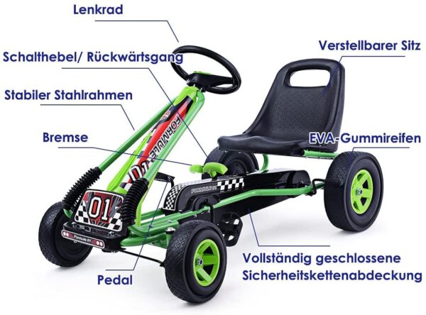 Gokart mit Handbremse und verstellbarem Sitz, Tretauto mit Vor- und Rückwärtsgang - Image 9