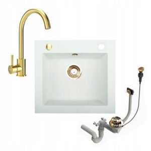 Weißes Granitspülbecken 48,5x44 cm mit Siphon & goldfarbenem Wasserhahn