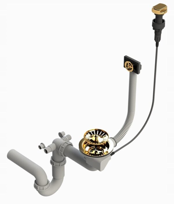 Weißes Granitspülbecken 48,5x44 cm mit Siphon & goldfarbenem Wasserhahn - Image 3