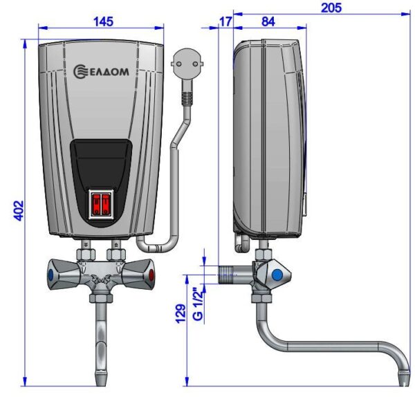 Eldom 3,5 kW Klein Durchlauferhitzer mit Armatur und Kabelanschluss - Image 1