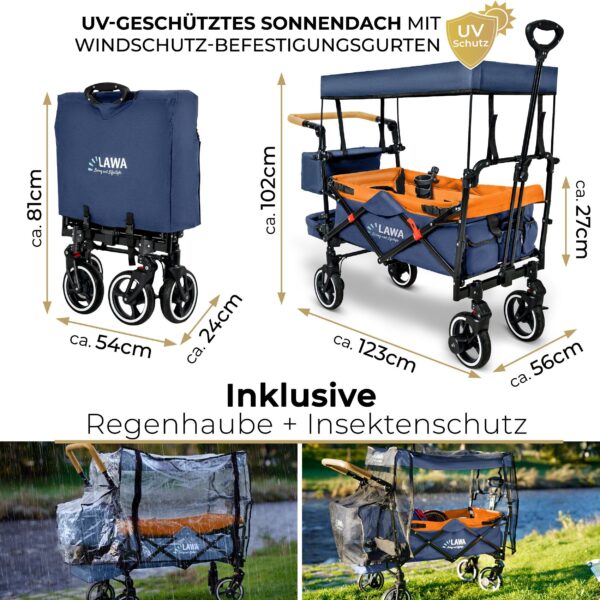 Faltbarer Bollerwagen mit Dach, Regenschutz & Insektenschutz - Blau/Orange - Image 5