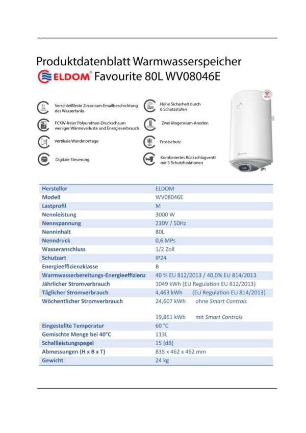 Eldom Favourite 80L Warmwasserspeicher Boiler mit Wi-Fi Steuerung - Image 6