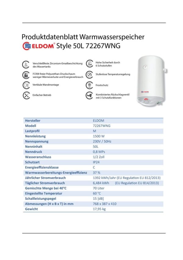 Druckfester Warmwasserspeicher 50L Boiler Warmwasserbereiter Eldom Style - Image 4