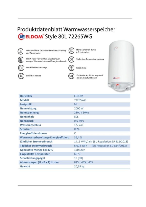 Druckfester Warmwasserspeicher 80L Boiler Warmwasserbereiter Eldom Style - Image 4