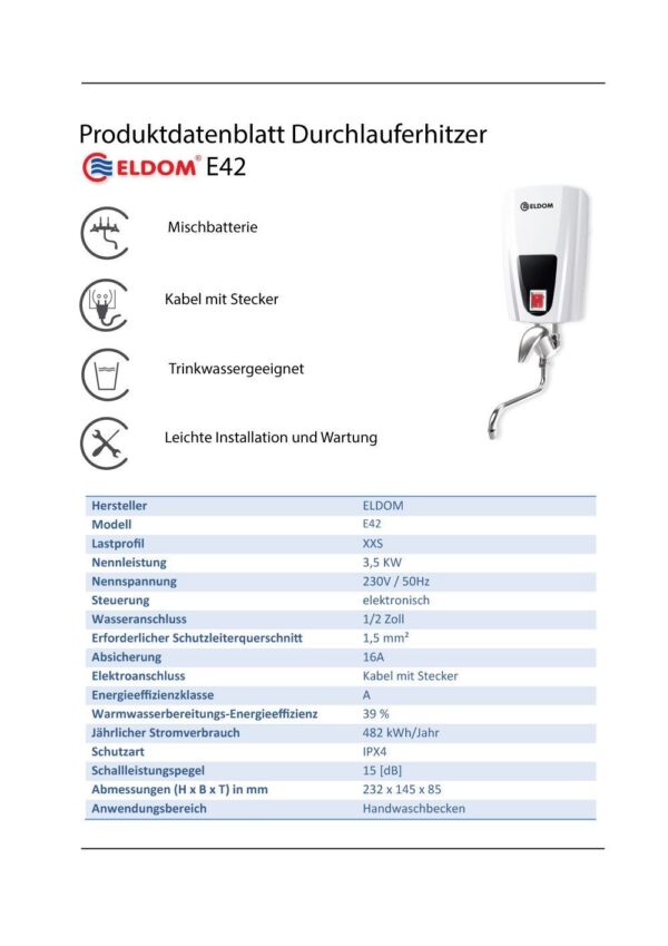 Eldom 3,5 kW Klein Durchlauferhitzer mit Einhebelmischer und Stecker - Image 4