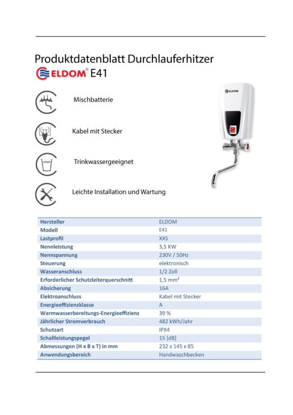 Eldom 3,5 kW Klein Durchlauferhitzer mit Armatur und Kabelanschluss - Image 3