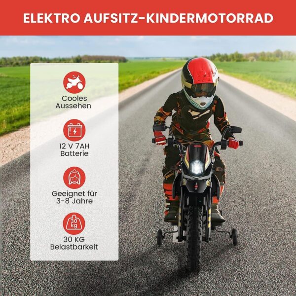 12V Kinder Elektro Motorrad mit Stützrädern und Musik, 5,5-6 km/h - Image 1