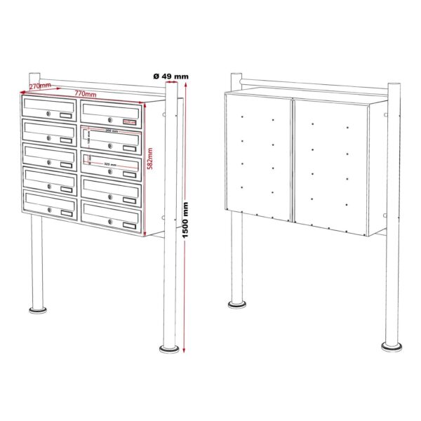Wiltec 10er Briefkastenanlage Anthrazit/Weiß 898x270x1500 mm für Außen - Image 2