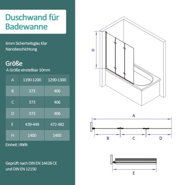 EMKE® Faltbare 3-teilige NANO Badewannen-Duschwand 120x140cm - Image 4