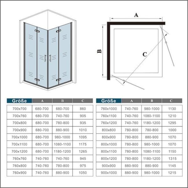 AICA 90x110cm Schwarz Eckeinstieg 180° Falttür Duschkabine NANO GLAS - Image 8