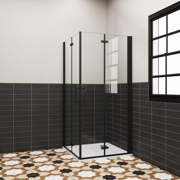 AICA 90x110cm Schwarz Eckeinstieg 180° Falttür Duschkabine NANO GLAS