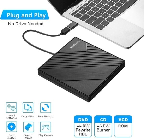 Externes DVD Laufwerk USB 3.0 & USB-C für Laptop und Desktop PC - Image 1
