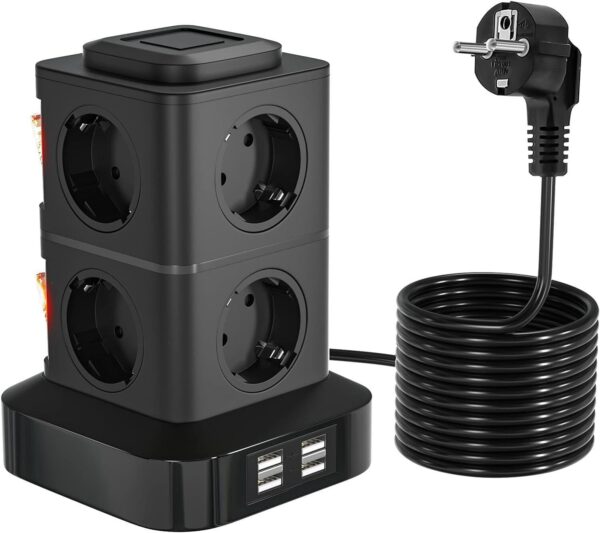 8-fach Steckdosenleiste mit 4 USB-Anschlüssen, 3 Meter Steckdosenturm