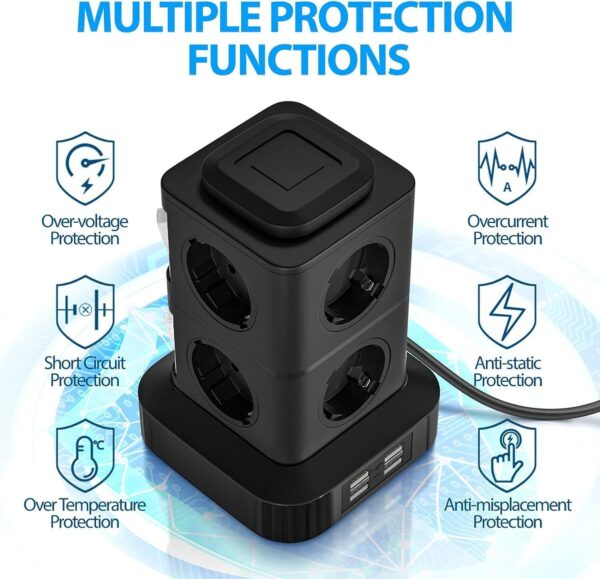 8-fach Steckdosenleiste mit 4 USB-Anschlüssen, 3 Meter Steckdosenturm - Image 2