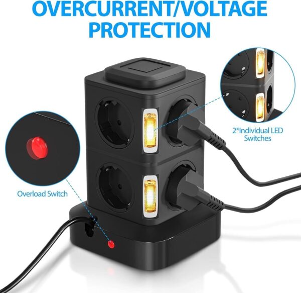 8-fach Steckdosenleiste mit 4 USB-Anschlüssen, 3 Meter Steckdosenturm - Image 4