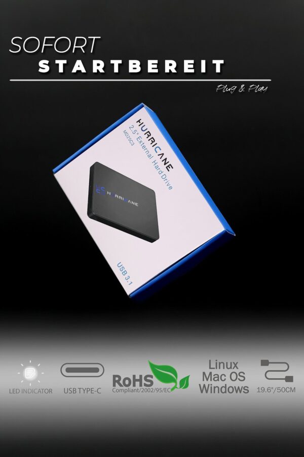 MD25C3 Schwarz Externes Festplattengehäuse 2.5 Zoll USB C Hurricane - Image 1