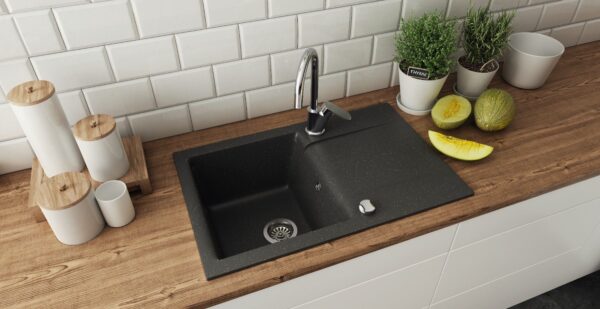 Granitspüle LUNA 76x44 cm Schwarz mit Siphon Set für moderne Küchen - Image 1