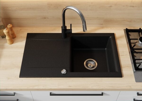 Granitspüle LUNA 76x44 cm Schwarz mit Siphon Set für moderne Küchen - Image 4