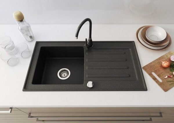 Granitspüle 76x44 cm Set mit Auto-Siphon in Schwarz – Einbauspüle - Image 1